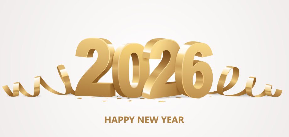 Happy New Year 2026. Golden 3D numbers with ribbons and confetti on a white background.