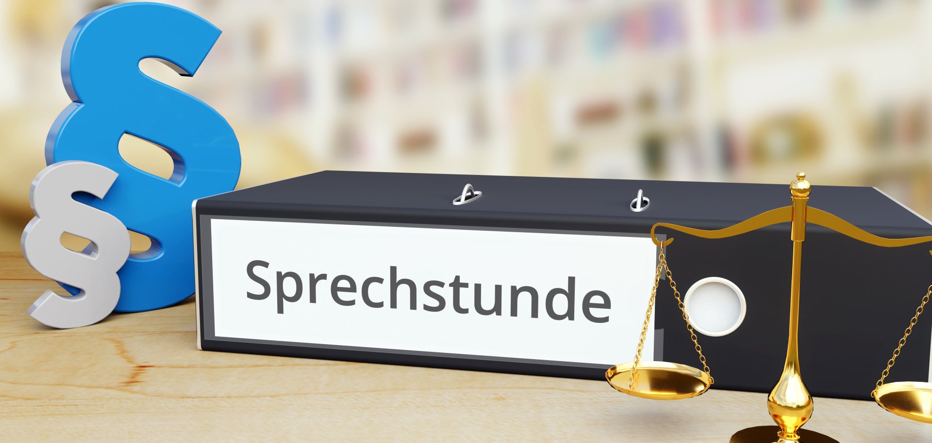 Sprechstunde – Recht/Gesetz. Ordner auf Schreibtisch mit Beschriftung neben Paragraf und Waage. Anwalt