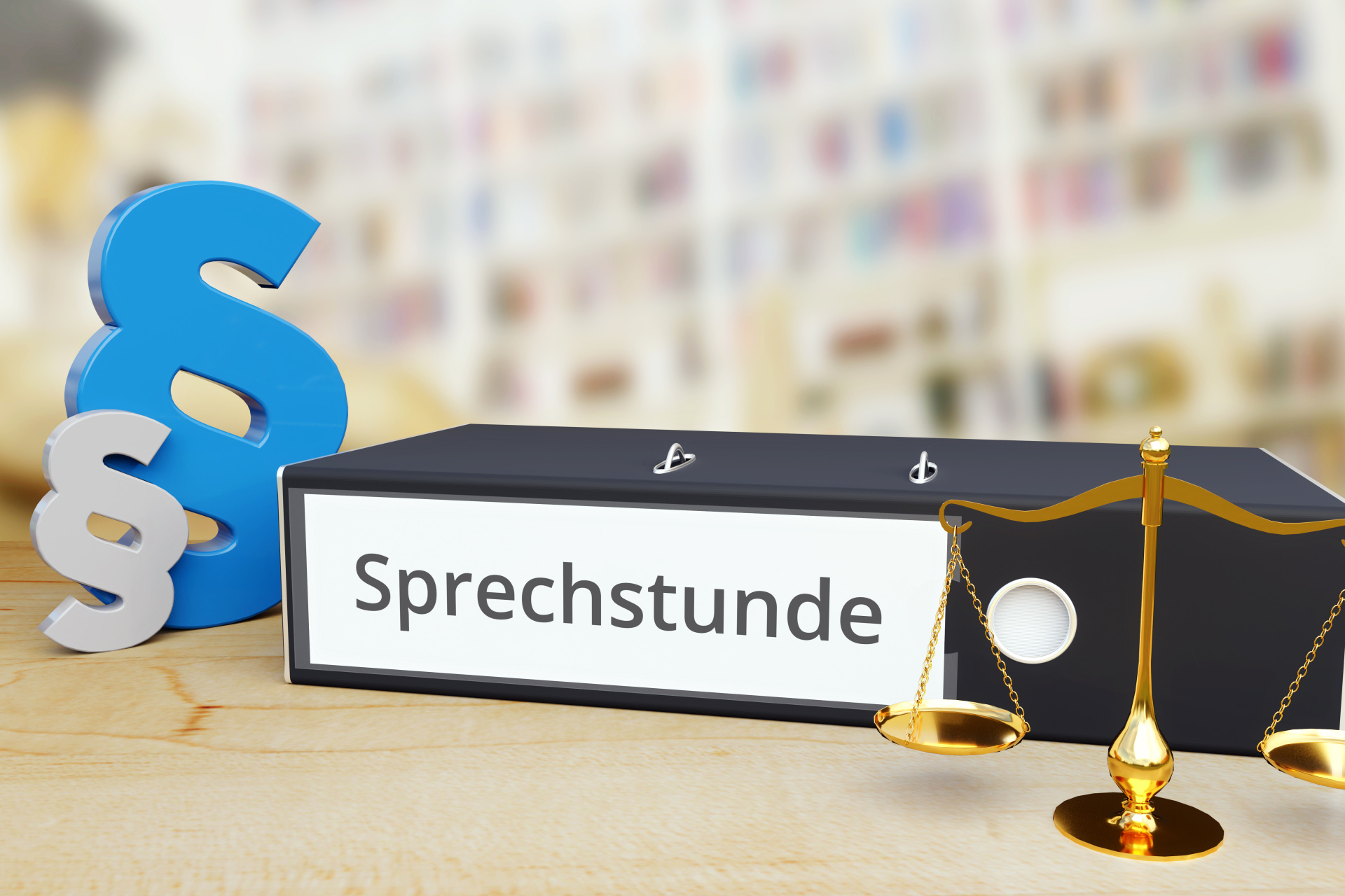 Sprechstunde – Recht/Gesetz. Ordner auf Schreibtisch mit Beschriftung neben Paragraf und Waage. Anwalt Sprechstunde – Recht/Gesetz. Ordner auf Schreibtisch mit Beschriftung neben Paragraf und Waage. Anwalt