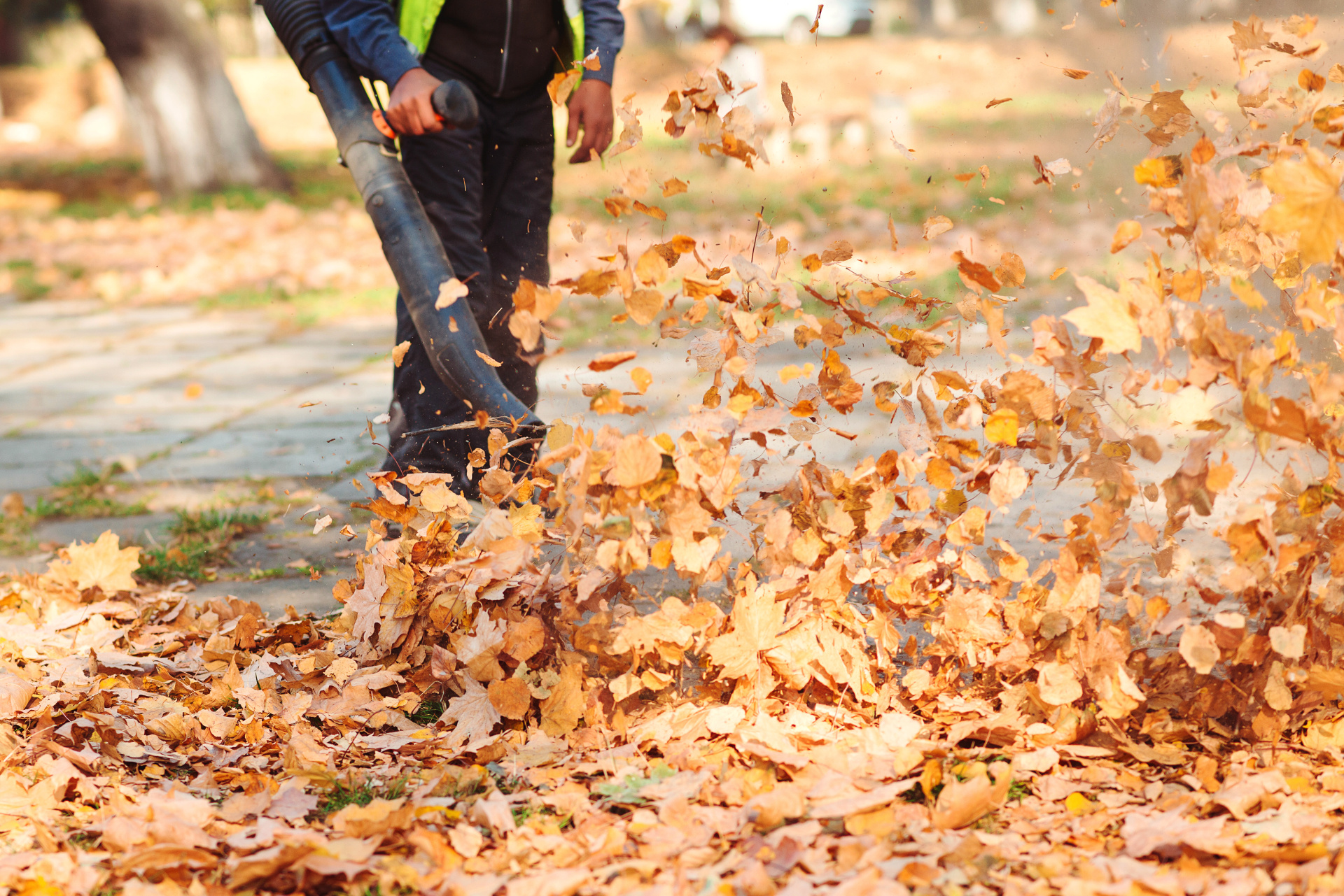 Worker in uniform is cleaning falling leaves on city street in autumn Worker in uniform is cleaning falling leaves on city street in autumn