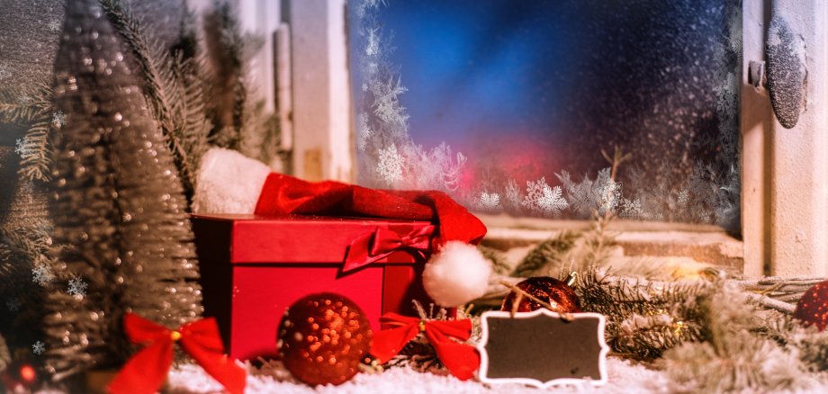 Winter window with snow and ice Christmas decoration gifts Winter window with snow and ice Christmas decoration gifts