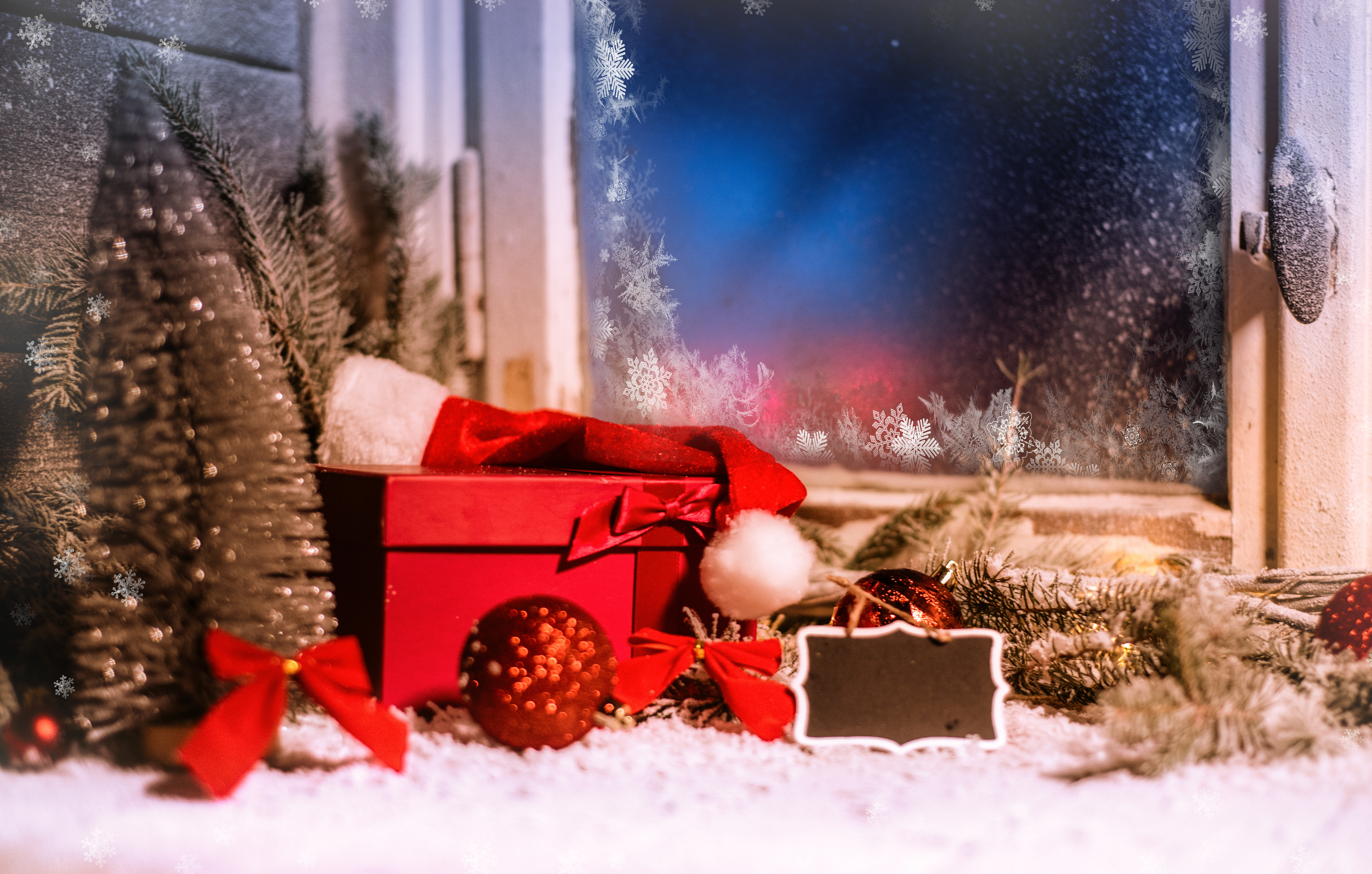 Winter window with snow and ice Christmas decoration gifts