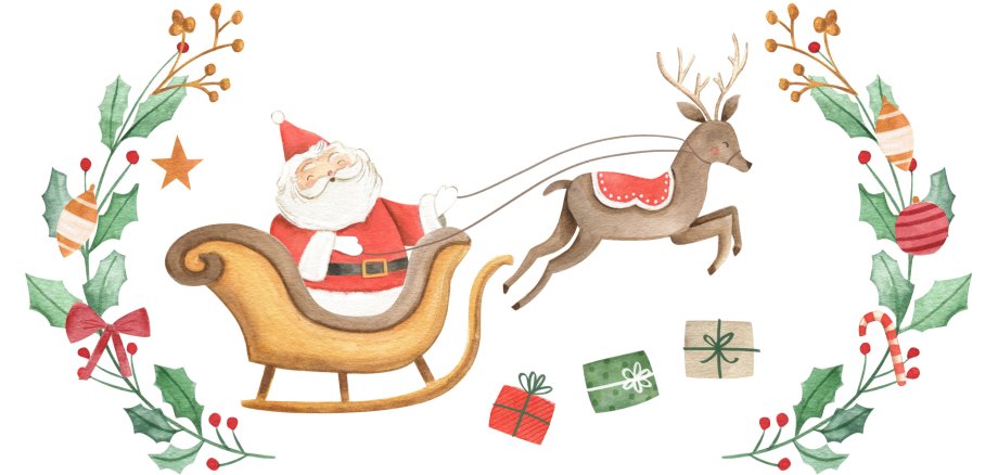 Watercolor Christmas illustration with Santa Claus, sled and reindeer with  gifts