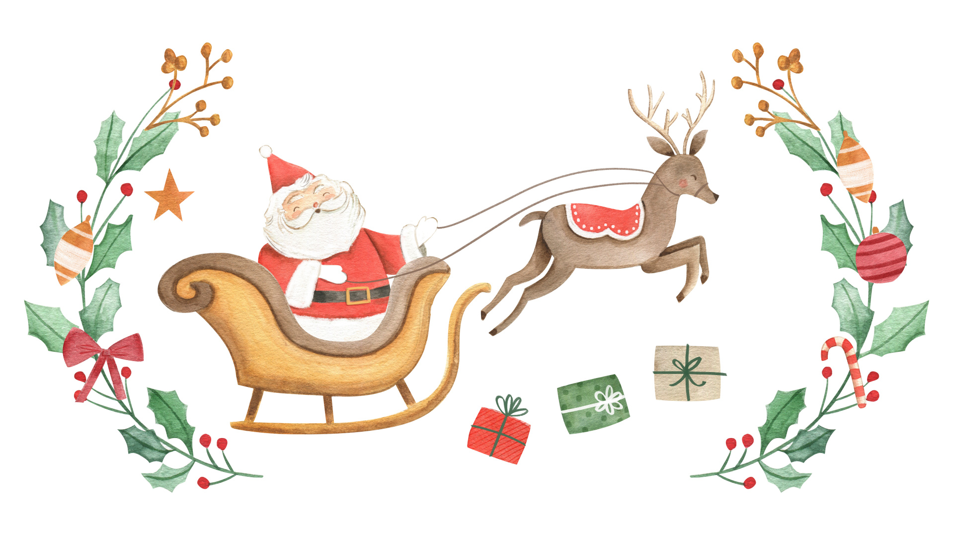 Watercolor Christmas illustration with Santa Claus, sled and reindeer with gifts