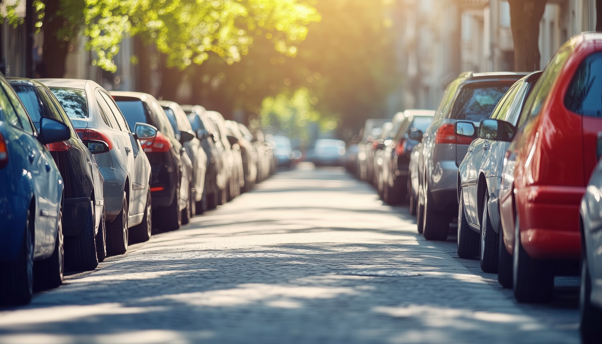 Modern Parking Problem In European Cities: Cars Overcrowding City Streets, Creating Sunlit Roadside Chaos. Ample Copy Space Available.