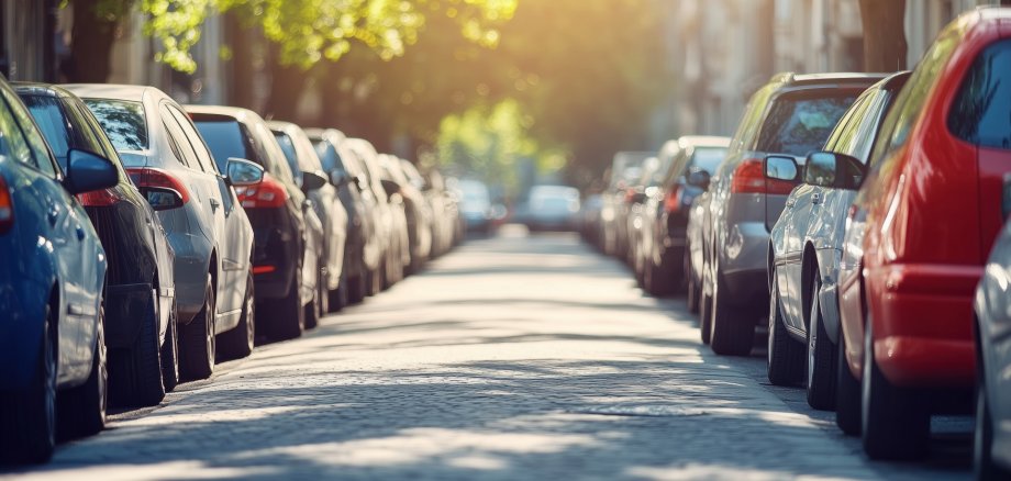Modern Parking Problem In European Cities: Cars Overcrowding City Streets, Creating Sunlit Roadside Chaos. Ample Copy Space Available.