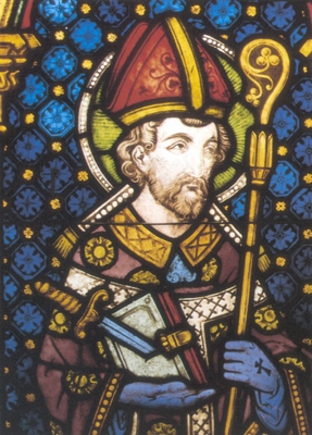 Auszug aus den Fensterbildern: St. Bonifatius, Patron der Kirche