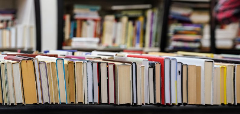 Row of many old used books displayed at local antiquarian bookshop, wide photo focus on right side