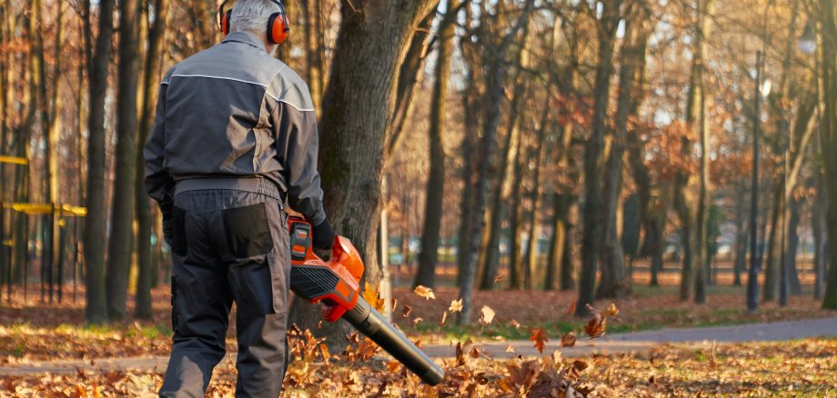 Anonymous man wearing earmuffs using leaf blower, while working outdoors.